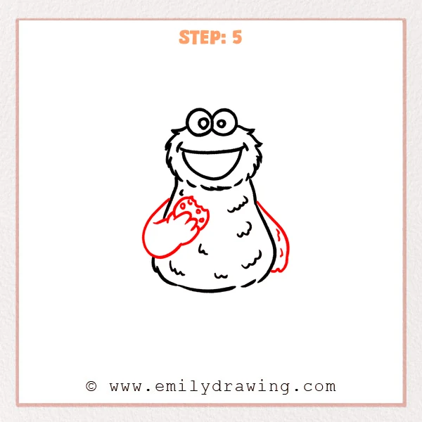 how to draw a cookie monster - Cookie Monster drawing with one arm holding a bitten cookie in front of the body and the other arm resting at the side.